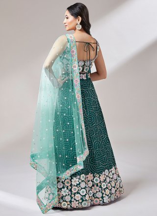 Mesmerizing Teal Georgette A - Line Lehenga Choli with Embroidered, Sequins and Thread Work