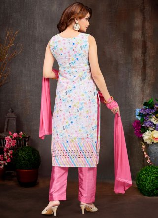 Mesmerizing White Cotton Trendy Suit with Digital Print and Embroidered Work