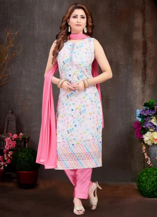 Mesmerizing White Cotton Trendy Suit with Digital Print and Embroidered Work