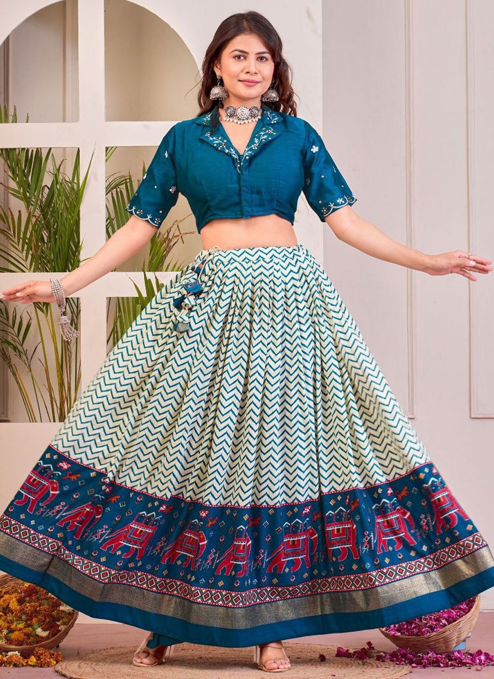 Mirror and Patola Print Work Cotton Lehenga Choli In Teal