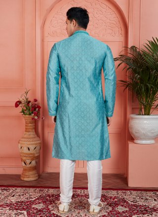 Mirror and Pintex Work Brocade Kurta Pyjama In Aqua Blue