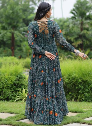 Mirror, Patch Border and Print Work Faux Georgette Gown In Teal for Ceremonial