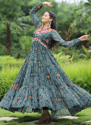 Mirror, Patch Border and Print Work Faux Georgette Gown In Teal for Ceremonial