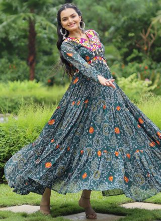 Mirror, Patch Border and Print Work Faux Georgette Gown In Teal for Ceremonial