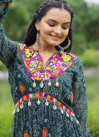 Mirror, Patch Border and Print Work Faux Georgette Gown In Teal for Ceremonial