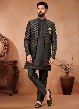 Modern Black and Multi Colour Art Banarasi Silk Jodhpuri Suit