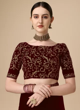 Modern Maroon Velvet Designer Sari