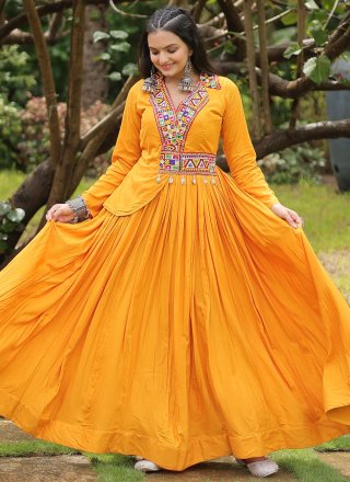 Modernistic Mustard Rayon Gown with Mirror Work