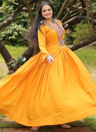 Modernistic Mustard Rayon Gown with Mirror Work