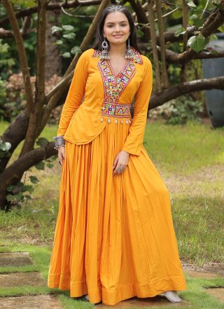 Modernistic Mustard Rayon Gown with Mirror Work