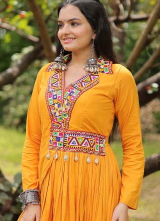 Modernistic Mustard Rayon Gown with Mirror Work