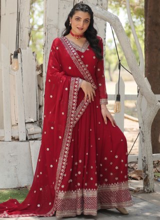 Modernistic Red Faux Georgette  Designer Gown with Embroidered and Sequins Work