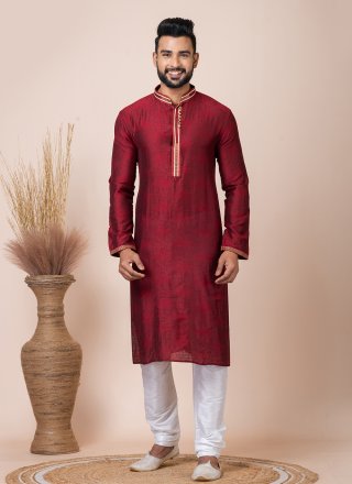 Modest Maroon Jacquard Kurta Pyjama
