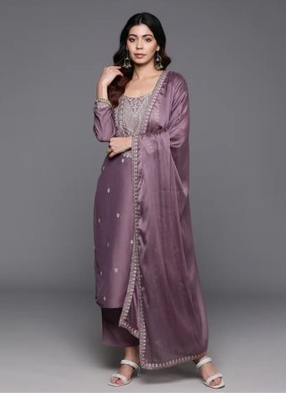 Modest Pink Chanderi Pant Style Suit with Embroidered Work