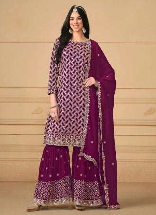 Modish Purple Faux Georgette Salwar Suit with Embroidered Work
