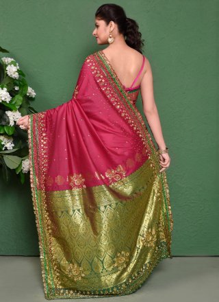 Monumental Rani Kanjivaram Silk Contemporary Sari with Embroidered, Stone and Weaving Work