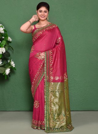 Monumental Rani Kanjivaram Silk Contemporary Sari with Embroidered, Stone and Weaving Work
