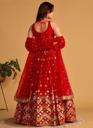 Monumental Red Georgette Lehenga Choli with Embroidered, Sequins and Thread Work
