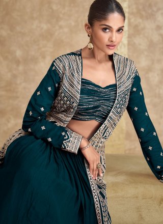 Morpeach and Teal Chinon Plain Work Readymade Lehenga Choli for Ceremonial