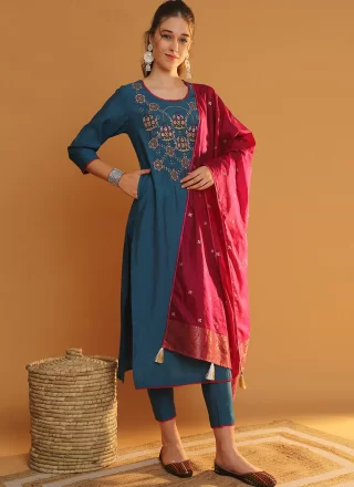 Morpeach and Teal Embroidered Work Silk Readymade Salwar Suit