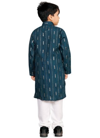 Morpeach and Teal Soft Cotton Kurta Pyjama with Buttons and Sequins Work for Ceremonial