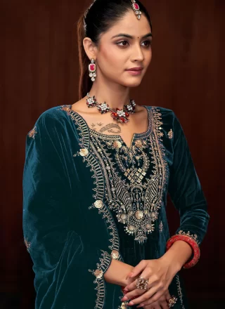 Morpeach and Teal Velvet Salwar Suit with Embroidered and Sequins Work