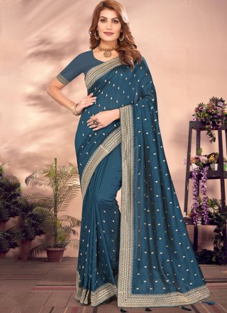 Morpeach Embroidered and Zari Work Vichitra Silk Trendy Saree