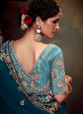 Morpeach Organza Embroidered and Sequins Work Classic Sari for Ceremonial