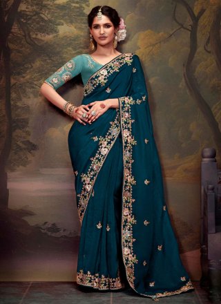 Morpeach Organza Embroidered and Sequins Work Classic Sari for Ceremonial