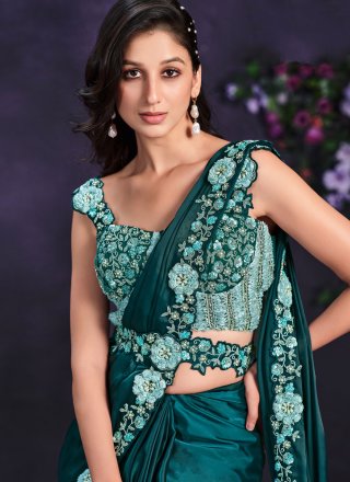 Morpeach Satin Silk Trendy Saree with Moti, Sequins and Thread Work for Women