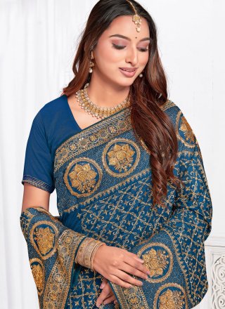 Morpeach Vichitra Silk Embroidered and Zari Work Classic Sari
