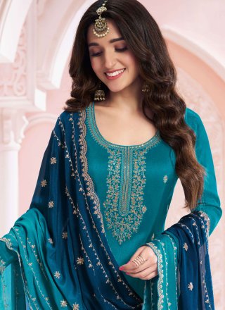 Morpeach Vichitra Silk Palazzo Salwar Suit with Embroidered, Sequins and Zari Work