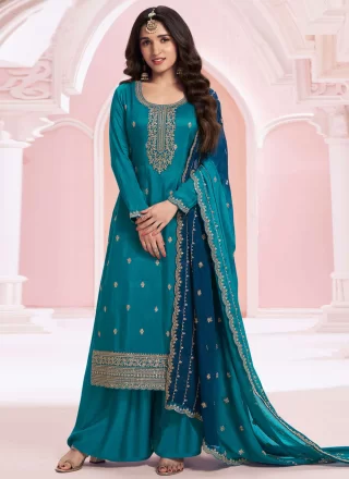 Morpeach Vichitra Silk Palazzo Salwar Suit with Embroidered, Sequins and Zari Work
