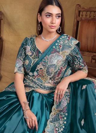 Moti and Sequins Work Satin Silk Designer Sari In Morpeach for Ceremonial