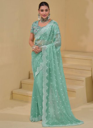 Moti, Sequins and Thread Work Banarasi Silk Classic Sari In Sea Green for Ceremonial