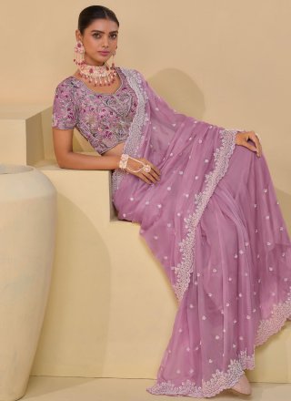 Moti, Sequins and Thread Work Banarasi Silk Trendy Saree In Pink for Ceremonial