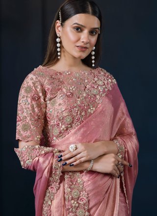 Moti, Sequins and Thread Work Chiffon Contemporary Saree In Peach and Pink