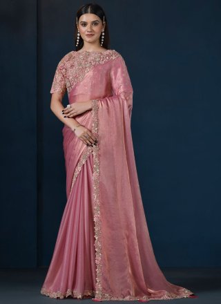 Moti, Sequins and Thread Work Chiffon Contemporary Saree In Peach and Pink
