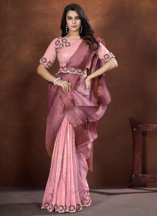 Moti, Sequins and Thread Work Crepe Silk Contemporary Sari In Pink