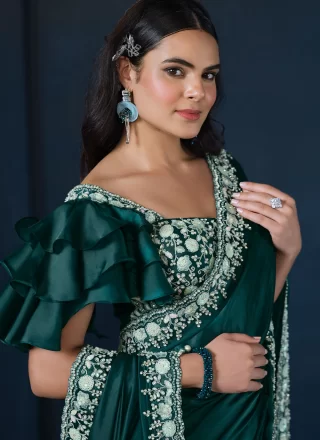 Moti, Sequins and Thread Work Satin Silk Trendy Saree In Teal