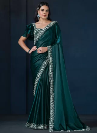Moti, Sequins and Thread Work Satin Silk Trendy Saree In Teal