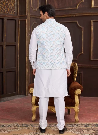 Multi Colour and Off White Art Silk Digital Print Work Kurta Payjama with Jacket for Ceremonial