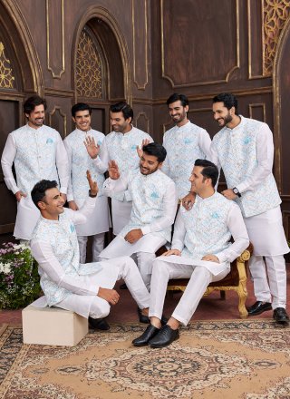 Multi Colour and Off White Art Silk Digital Print Work Kurta Payjama with Jacket for Ceremonial