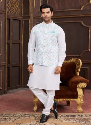 Multi Colour and Off White Art Silk Digital Print Work Kurta Payjama with Jacket for Ceremonial