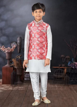 Multi Colour and Off White Art Silk Kurta Payjama with Jacket with Print Work