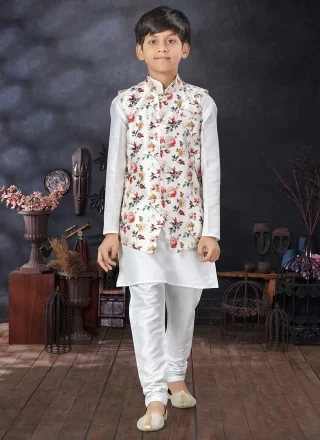 Multi Colour and Off White Art Silk Print Work Kurta Payjama with Jacket