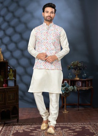 Multi Colour and Off White Cotton Digital Print and Thread Work Kurta Payjama with Jacket