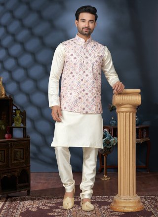 Multi Colour and Off White Cotton Digital Print and Thread Work Kurta Payjama with Jacket for Ceremonial