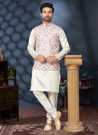 Multi Colour and Off White Cotton Digital Print and Thread Work Kurta Payjama with Jacket for Ceremonial
