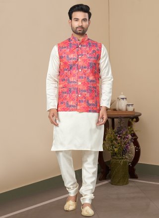 Multi Colour and Off White Cotton Kurta Payjama with Jacket